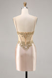 Champagne Espartilho de Cetim Homecoming Vestido com Sequins