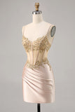 Champagne Espartilho de Cetim Homecoming Vestido com Sequins