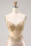 Champagne Espartilho de Cetim Homecoming Vestido com Sequins