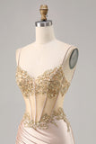 Champagne Espartilho de Cetim Homecoming Vestido com Sequins