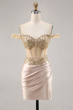 Fora do espartilho de ombro Bodycon Champagne Homecoming Dress com Sequins