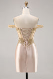 Fora do espartilho de ombro Bodycon Champagne Homecoming Dress com Sequins