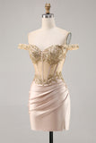 Fora do espartilho de ombro Bodycon Champagne Homecoming Dress com Sequins