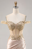 Fora do espartilho de ombro Bodycon Champagne Homecoming Dress com Sequins