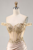 Fora do espartilho de ombro Bodycon Champagne Homecoming Dress com Sequins