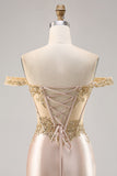 Fora do espartilho de ombro Bodycon Champagne Homecoming Dress com Sequins