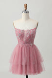 Dusty Rose A-Line Strapless Tiered Tulle Vestido Curto Homecoming com Missangas