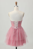 Dusty Rose A-Line Strapless Tiered Tulle Vestido Curto Homecoming com Missangas