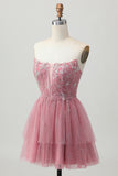 Dusty Rose A-Line Strapless Tiered Tulle Vestido Curto Homecoming com Missangas