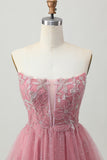 Dusty Rose A-Line Strapless Tiered Tulle Vestido Curto Homecoming com Missangas