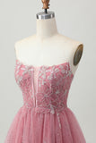 Dusty Rose A-Line Strapless Tiered Tulle Vestido Curto Homecoming com Missangas