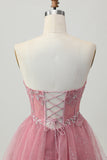 Dusty Rose A-Line Strapless Tiered Tulle Vestido Curto Homecoming com Missangas