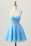 Uma linha azul espartilho curto homecoming vestido com apliques