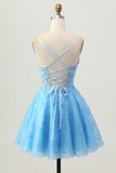 Uma linha azul espartilho curto homecoming vestido com apliques