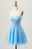 Uma linha azul espartilho curto homecoming vestido com apliques