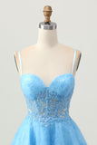 Uma linha azul espartilho curto homecoming vestido com apliques