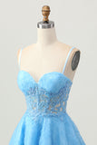 Uma linha azul espartilho curto homecoming vestido com apliques