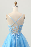 Uma linha azul espartilho curto homecoming vestido com apliques