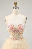 Alças de esparguete de damasco Corset A Line Ruffled Homecoming Dress