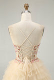 Alças de esparguete de damasco Corset A Line Ruffled Homecoming Dress