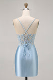 Blue Bodycon Sequins Corset frisado Homecoming Dress com apliques