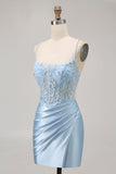 Blue Bodycon Sequins Corset frisado Homecoming Dress com apliques