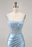 Blue Bodycon Sequins Corset frisado Homecoming Dress com apliques