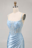 Blue Bodycon Sequins Corset frisado Homecoming Dress com apliques