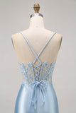 Blue Bodycon Sequins Corset frisado Homecoming Dress com apliques