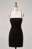 Preto Bodycon Esparguete Correias Vestido Curto Homecoming com Missangas