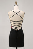 Preto Bodycon Esparguete Correias Vestido Curto Homecoming com Missangas