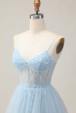 Azul claro Uma linha frisada curto Sequins Homecoming vestido com renda para trás