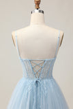 Azul claro Uma linha frisada curto Sequins Homecoming vestido com renda para trás