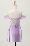 Lilás Sequins Ombro frio frisado espartilho curto Homecoming Dress