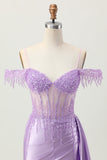 Lilás Sequins Ombro frio frisado espartilho curto Homecoming Dress