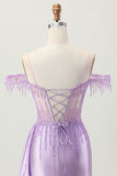 Lilás Sequins Ombro frio frisado espartilho curto Homecoming Dress