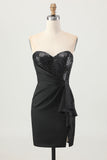 Preto Espartilho sem alças Bodycon frisado Homecoming Dress com fenda