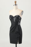 Preto Espartilho sem alças Bodycon frisado Homecoming Dress com fenda