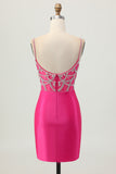 Fuchsia Bodycon Esparguete Correias Cetim Homecoming Vestido com Fenda