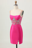 Fuchsia Bodycon Esparguete Correias Cetim Homecoming Vestido com Fenda