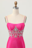 Fuchsia Bodycon Esparguete Correias Cetim Homecoming Vestido com Fenda