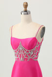 Fuchsia Bodycon Esparguete Correias Cetim Homecoming Vestido com Fenda