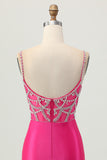 Fuchsia Bodycon Esparguete Correias Cetim Homecoming Vestido com Fenda
