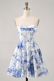 Flor Azul Branca Uma Linha Espartilho Sem Alças Vestido Curto Homecoming