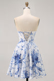 Flor Azul Branca Uma Linha Espartilho Sem Alças Vestido Curto Homecoming