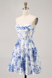 Flor Azul Branca Uma Linha Espartilho Sem Alças Vestido Curto Homecoming