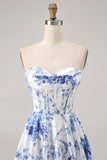 Flor Azul Branca Uma Linha Espartilho Sem Alças Vestido Curto Homecoming