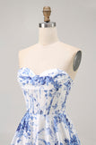 Flor Azul Branca Uma Linha Espartilho Sem Alças Vestido Curto Homecoming