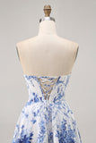 Flor Azul Branca Uma Linha Espartilho Sem Alças Vestido Curto Homecoming