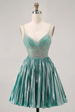 Cetim Metálico Verde Uma Linha Esparguete Correias Sequins Vestido Curto Homecoming